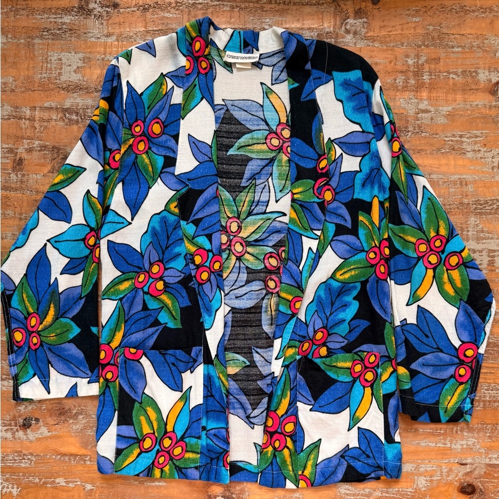 Vintage Cathy Daniels floral print kimono style blazer w/pockets